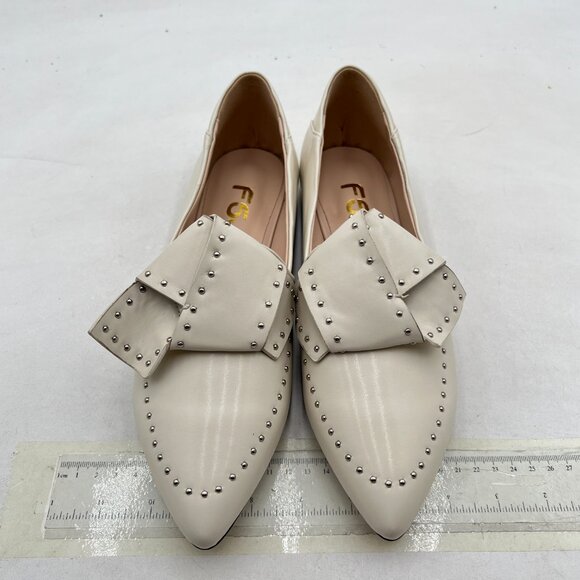 FSJ White Point Toe Studs Loafer Flats Slip On Pumps Bowknot Comfort Casual Shoe - Picture 3 of 8